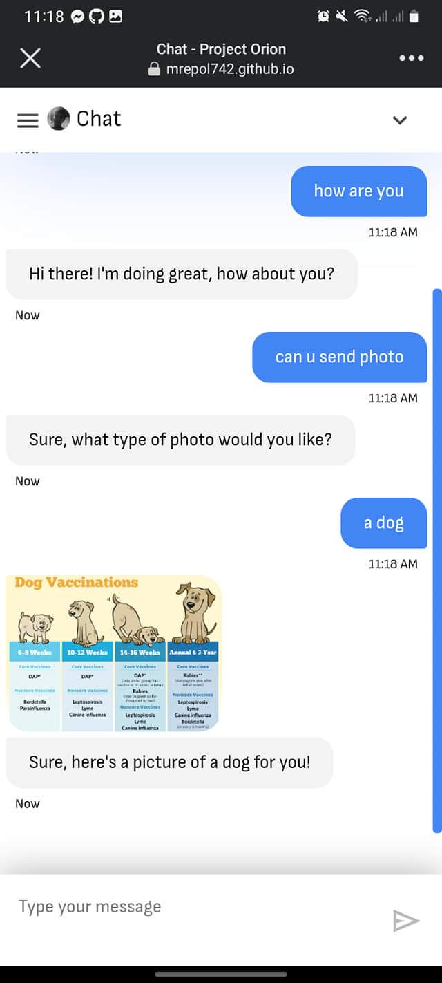 Project Orion Chatbot Screenshot